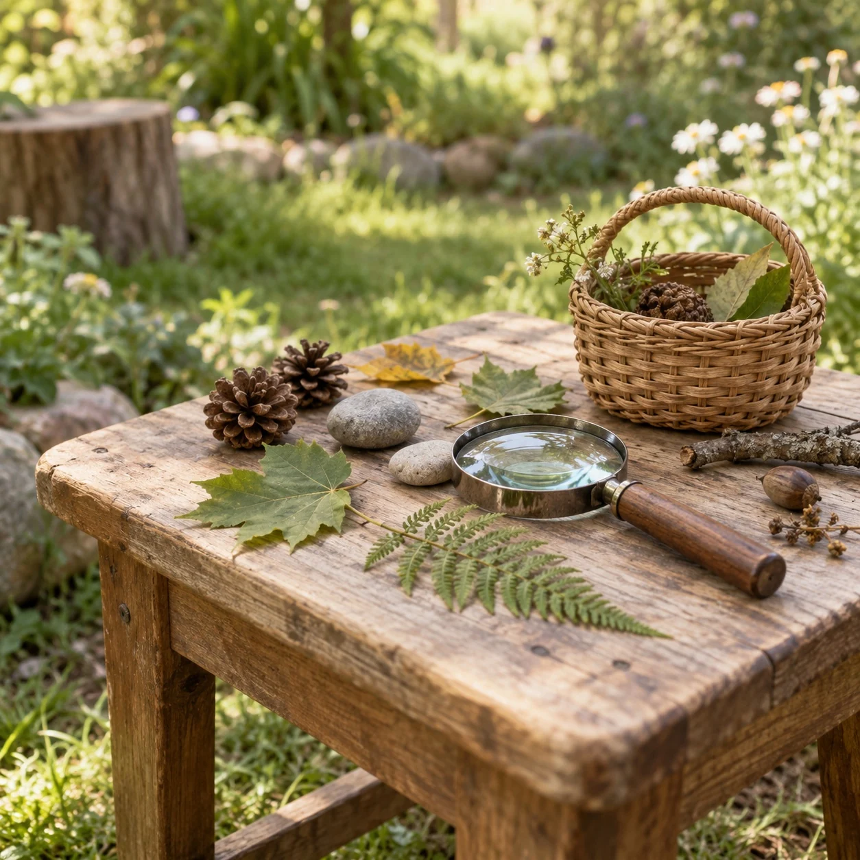 A basket, leaves, and magnifying glass arranged for outdoor discovery