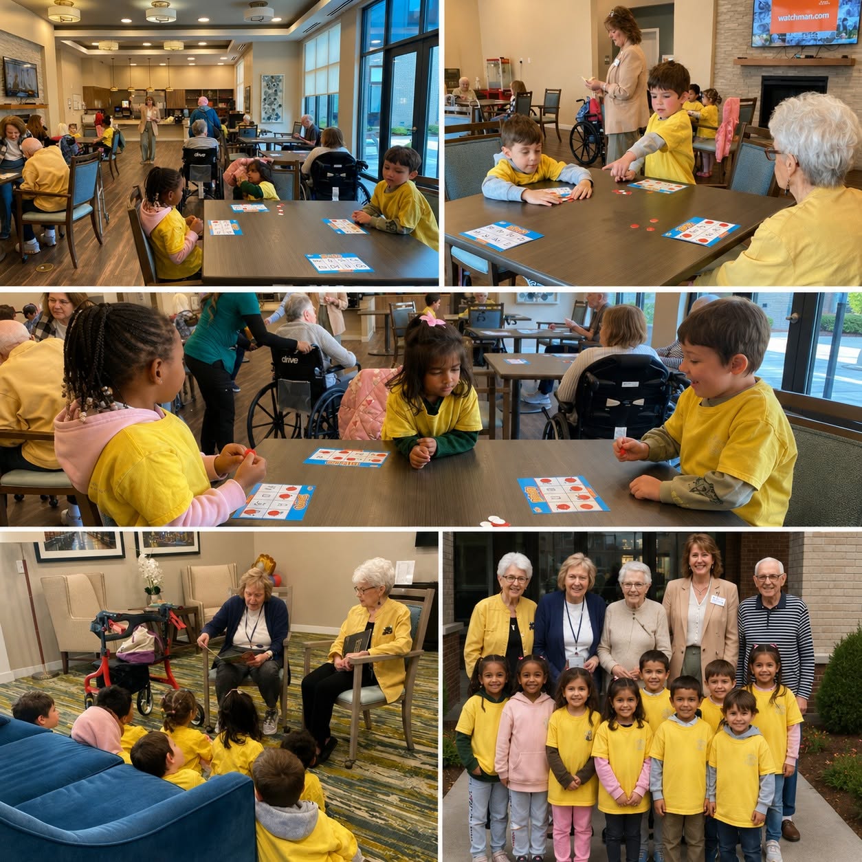 Wild Roots children playing Bingo with older neighbors at The Ashton
